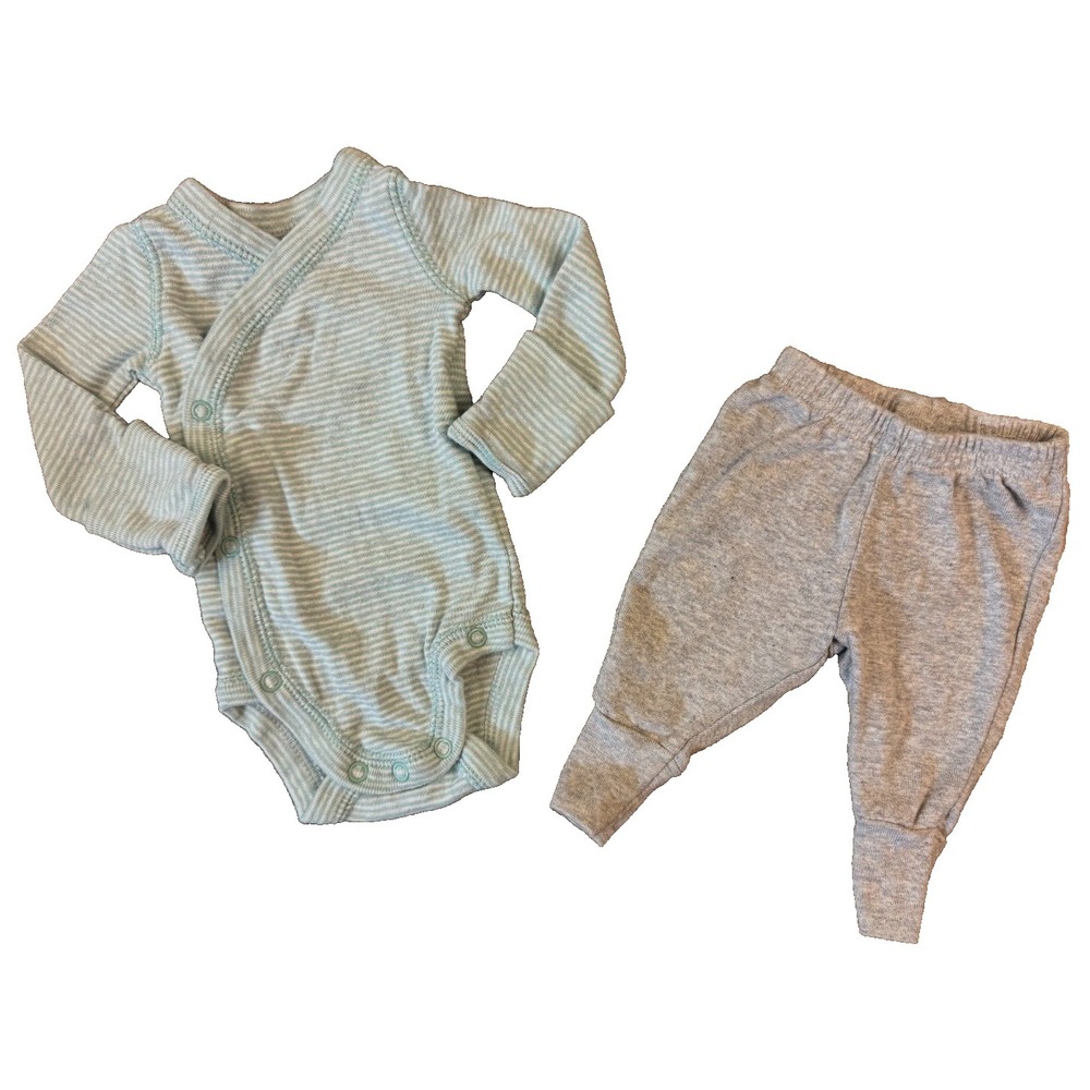 Carters Preemie Baby Boy Outfit Long Sleeved Bodysuit Pants Gray Green Stripes
